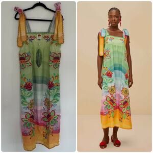 Farm Rio Multicolor Aura Floral Embroidered Euroflax Premium Linen Maxi Dress